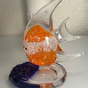 Handcrafted Glass Fish Tealight Candle Figurine - Orange and Blue